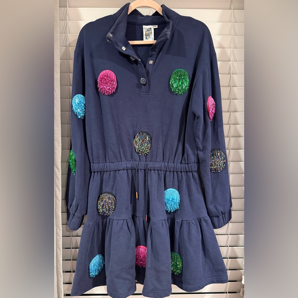 QUEEN OF SPARKLES OG Navy Sweatshirt Dress with Colorful Sequin Dots
